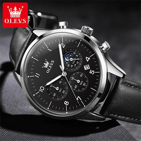 OLEVS Relógio Masculino Original Lunar Quartzo a Prova D'água Aço Inoxidável Couro 2882 42mm